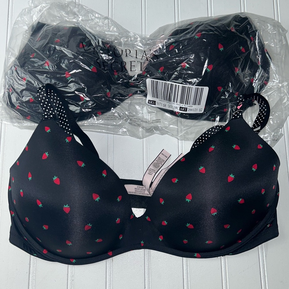 Nwt NEW Victoria’s Secret Sexy Tee Wireless push up Bra 38C 40C Black Strawberry